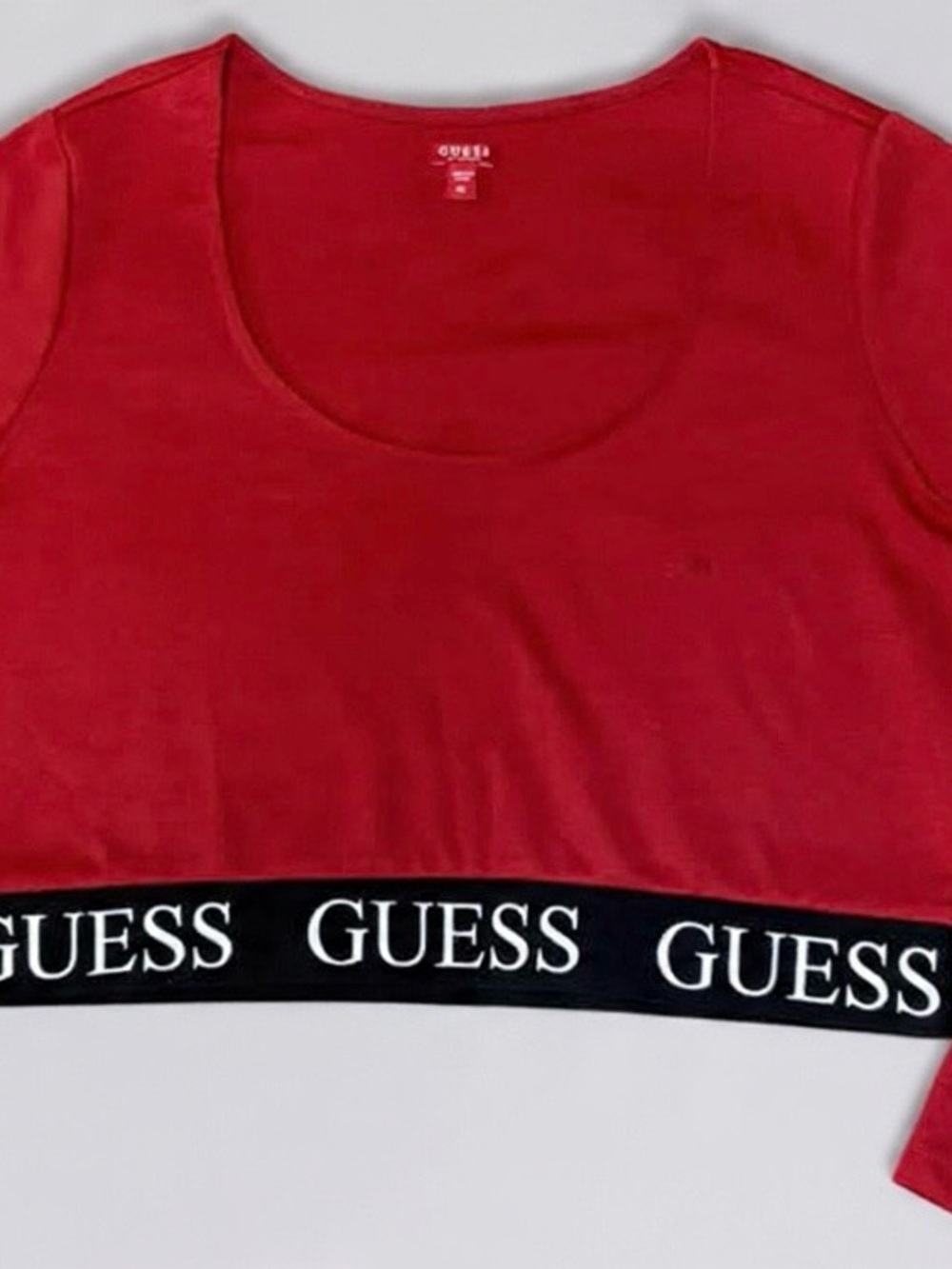 GUESS Red Scoop Neck Crop Top with Black Branded Band